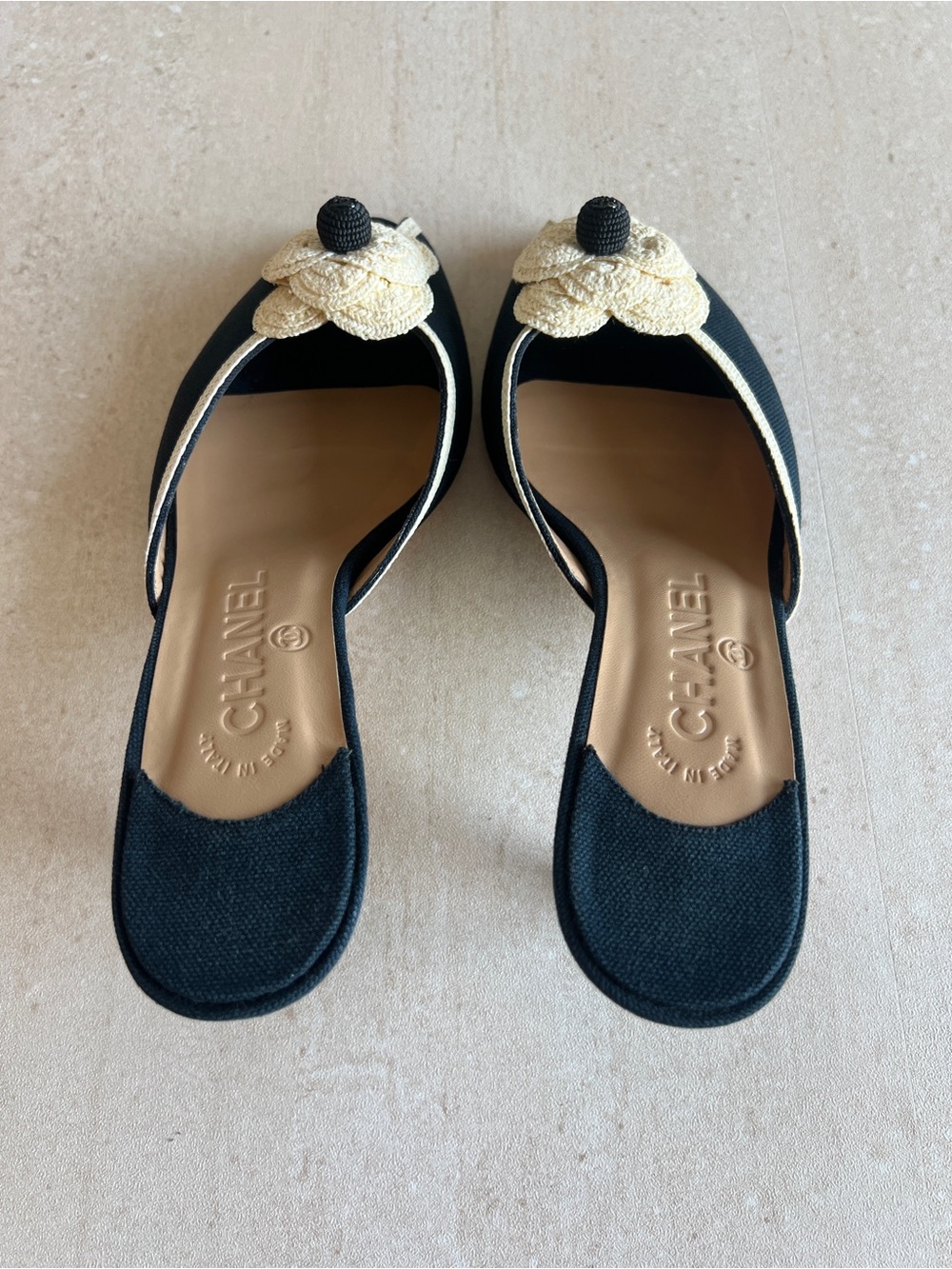 CHANEL Navy and Cream Camellia Kitten Heel Mules - Picture 9 of 9